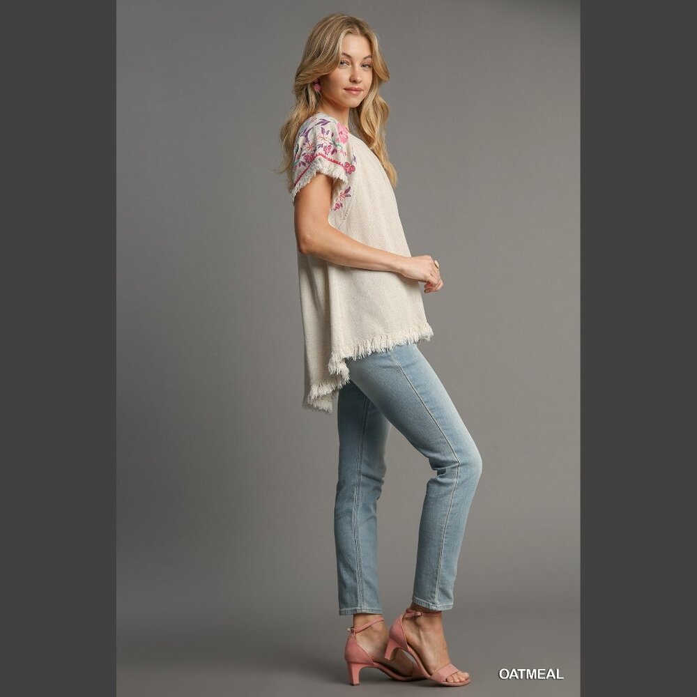 Embroidered Sleeves Linen Cotton Blend Round Neck w/ Frayed High Low Hem - Picture 11 of 15